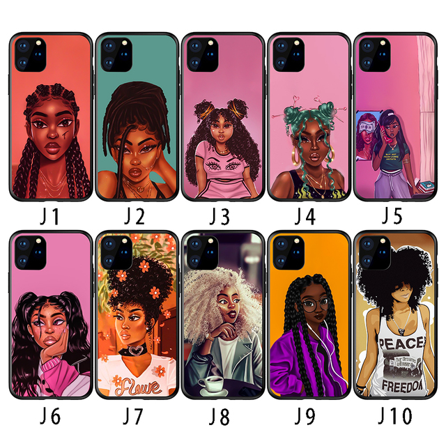 Cartoon Black Girls Luxury Printed Women's Soft Shockproof Mobile Phone Case Matte Finish for iPhone 12 Pro Max Compatible 15pro