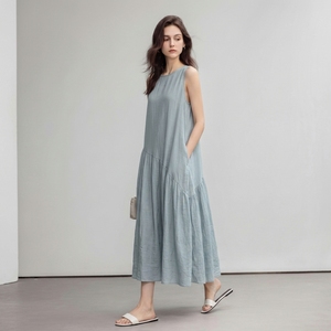 Demana Linen Pleated <b>Patchwork</b> Dress Women Summer Lightweight Loose Round Neck Sleeveless A Line <b>Skirt</b> - Product Image 3