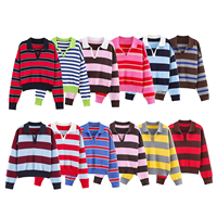 Pull en maille rayé à col polo et col en V pour femme, manches longues, couleur contrastante, vente en gros
