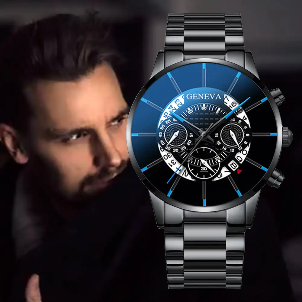 2021 Fashion Men Casual Quartz Watch Classic Black Steel Band Geneva Wrist Watch Luxury Calendar Business Watch (KWT2245)