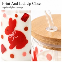 Gobelet en verre transparent avec couvercle en bambou et paille, motif lapin, pour café glacé, lait, jus, vente en gros pour cafés