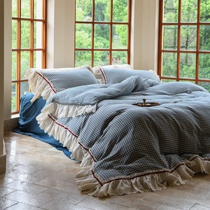 Aphne Pure Cotton Plaid Duvet Cover Set With Lace Trim 1.8m 2.0m <b>Bed</b> Breathable Home Use - Product Image 5