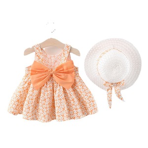 Vestido Floral para Bebé Niña con Lazo Grande, Vestido de Verano para Niñas con Sombrero de Paja, Venta al Por Mayor - Product Image 1