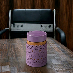 Brûleur d'encens en céramique violette avec base en bois et motif découpé au laser, diffuseur d'aromathérapie pour usage domestique - Product Image 1