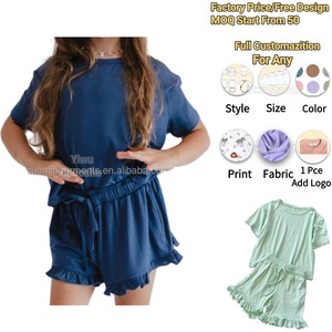 Conjunto Familiar de Fibra de Bambú Personalizado con MOQ Bajo, Estilo Personalizado, Blusa con Volantes y Pantalones Cortos con Cordón para Mamá e Hija - Product Image 1