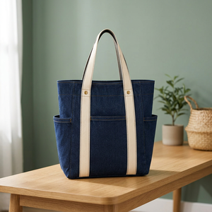 Sac fourre-tout en jean écologique réutilisable de taille moyenne, design personnalisé Navrit Creation, fermeture éclair, poignée d'épaule - Product Image 1