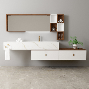 Mobile da <span class=keywords><strong>Bagno</strong></span> Moderno <span class=keywords><strong>con</strong></span> Top in Pietra Sinterizzata, Specchio LED e Ripiani, Montaggio a Parete in <span class=keywords><strong>Legno</strong></span> - Product Image 5