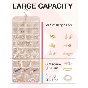 Hanging Jewelry Organizer Pink Double-Sided Storage Roll for Earrings Necklaces Bracelets Rings Watches - Product Image 5