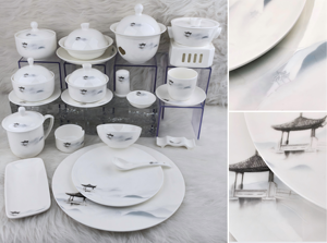 Vaisselle de luxe en porcelaine fine (45% de teneur en os) avec décor en émail à l'encre de style pavillon chinois ancien et bordure dorée à la main, idéale pour hôtels, mariages, banquets et restaurants. - Product Image 2
