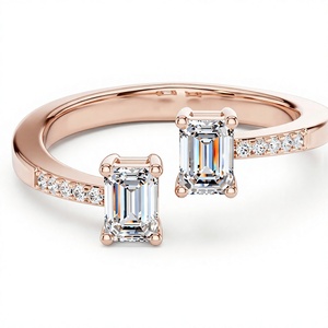 Anillo Toi Et Moi Chapado en Oro de 18K y 14K con Diamante Cultivado en Laboratorio de Corte Esmeralda, Anillo Abierto con Banda de Diamantes Redondos Pavé, Anillo de Diamantes CVD para Mujer - Product Image 3