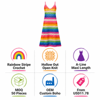 Robe longue trapèze personnalisée pour femme, en crochet à rayures arc-en-ciel, ajourée, à fines bretelles, style bohème, pour l'été, OEM, vente en gros, marque privée, en vrac