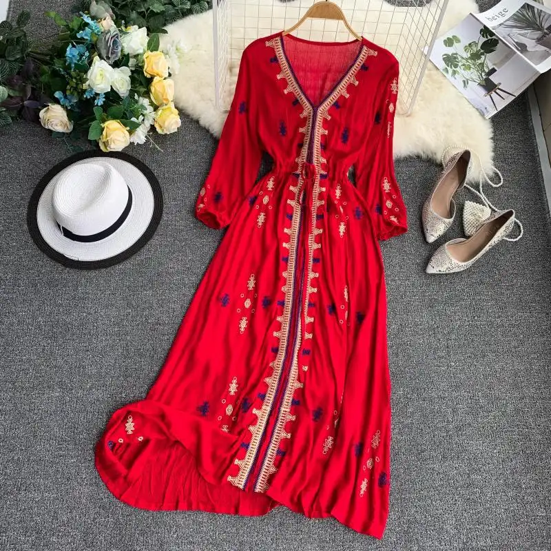 Thiết Kế Đẹp Bohemian Thêu Dài Dress Phổ Biến Bãi Biển Maxi Dresses OC368