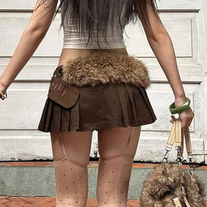 Women Faux Fur <b>Waist</b> Pleated Mini <b>Skirt</b> Eyelet Lace Up Design <b>Low</b> <b>Waist</b> Street Style Slim Fit Fashion Short <b>Skirt</b> - Product Image 6