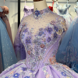 Robe de bal de Quinceañera classique pour filles, col montant, violette, avec broderies appliquées et fleurs en organza, modèle 6964 - Product Image 5