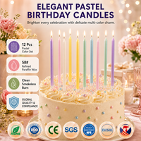 Vente en gros de 12 bougies d'anniversaire métalliques en six couleurs avec supports, lot pour la décoration de gâteaux et les fêtes