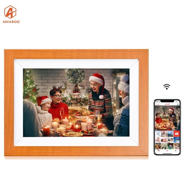 AMABOO 10.1 Inch WiFi Digital Photo Frame with MP3 & AVI Support IPS Screen Wood Frame Remote Control Clock & Calendar
