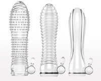 Manchons de pénis transparents avec vibrateur, agrandissement du pénis, massage par vibration clitoridienne, préservatif en cristal réutilisable pour homme et femme