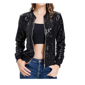 Custom Design Size Color <strong>Womens</strong> Sequin Jacket with Pockets Casual Long Sleeve Front Zip Bomber <strong>Blazer</strong> - Product Image 1