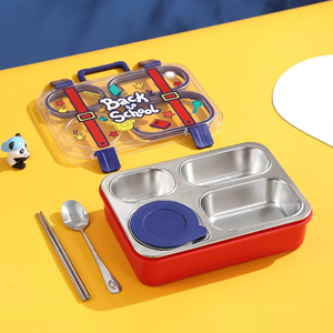 Bencircle B138 Stainless Steel Lunch <b>Box</b> 3 Compartments Portable Bpa Free Leak Proof For Children Cute Design Rectangle Shape - Product Image 4