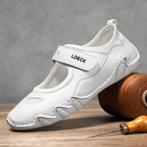 Chaussures de sport d'été tendance pour femmes, en cuir véritable, décontractées, avec fermeture velcro sur le dessus, chaussures simples en couleur unie - Product Image 2