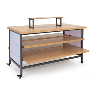 Espositore a Più Livelli in Legno Naturale e Metallo con Ruote e Ripiano Superiore Rimovibile - Product Image 1