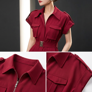 Combinaison Femme Personnalisée Rouge Bordeaux d'été à Col Revers, Fermeture Éclair, <span class=keywords><strong>Épaulette</strong></span>s, Manches Courtes, Ceinture Métallique, Taille Haute, Jambes Larges, pour le Travail et le Bureau, Couleur Unie - Product Image 2