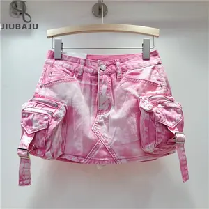 Women Denim Skirt Solid Color Side Large Pocket Design A-line Wrap Hip Cargo Mini Skirt