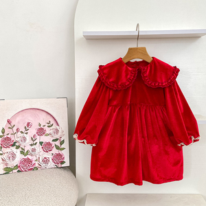 Abito Natalizio per Bambine con Colletto a Bambola, Maniche Lunghe Rosse, <span class=keywords><strong>Vestito</strong></span> a Linea A per Autunno e Primavera - Abito Morbido per Bambini - Product Image 4