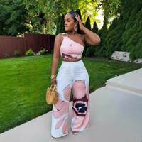 D9738 – Ensemble deux pièces sexy pour femme, best-seller, imprimé floral, asymétrique à une épaule, coupe ajustée, pantalon long à jambes larges, idéal pour les soirées