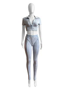 2024 primavera otoño mujer 2 piezas ácido lavado Crop Top y Leggings conjuntos a juego señoras Casual dos piezas conjunto de algodón ropa de mujer - Product Image 3