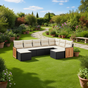 Conjunto de Sofá de Jardín de Ratán Sintético Negro de 9 Piezas con Patas Ajustables, Muebles de Exterior de Diseño Contemporáneo con Paneles de Madera de Teca - Product Image 2