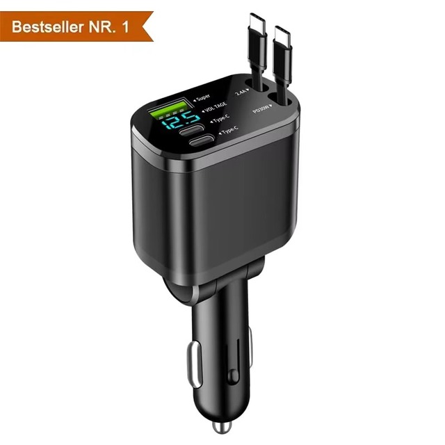 100W USB C Retractable Car Charger 4 in 1 Fast Charging Adapter LED Display Multi Device Car Phone Charger Phone Accessories
