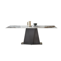 Table à manger rectangulaire réglable en vente chaude, surface en pierre frittée/marbre de qualité supérieure, base géométrique élégante, appartement