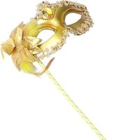 Masque de bal vénitien sur bâton avec fleurs, dentelle et plumes pour mariage, fête costumée et déguisement