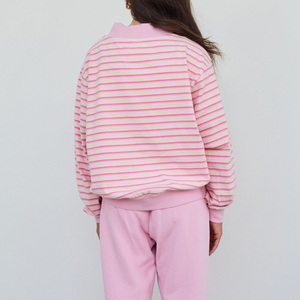 Trendy Fashionable Autumn Printed <b>Pink</b> Striped Mock Neck Knitted Polyester/Cotton Soft Fleece <b>Long</b> <b>Sleeve</b> Women's Retro - Product Image 2