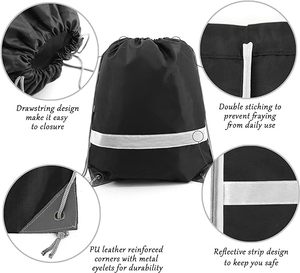 Cadeau recyclé Sacs de sport noirs à bande réfléchissante en polyester à cordon de serrage multi-usages pour hommes - Product Image 5