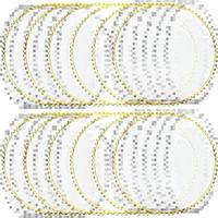 Plateau de service rond de 13 pouces, écologique, avec incrustations dorées, style luxe léger, en plastique transparent, décorations de perles, pour hôtel et mariage