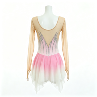 Robe de patinage et de danse pour enfants et adultes, dégradé rose et blanc, maille nude, manches longues, strass, jupe superposée, pour compétition et spectacle de patinage sur glace
