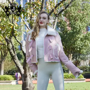 Janefur jaket kulit domba asli wanita, mantel Shearling pendek kerah merah muda mode baru 2024