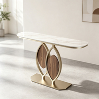 Console moderne en forme de feuille avec plateau en ardoise, structure en métal doré et incrustation en noyer, table d'entrée, bureau console, décoration de couloir de luxe, table d'appoint