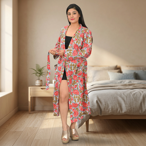 Bata de baño de algodón con estampado floral y cuello en V para mujer, talla única, con cordón ajustable, suave, de secado rápido, elegante, estilo kimono, vestido indio - Product Image 2