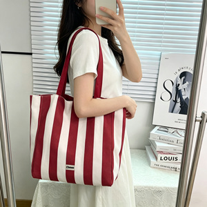 Women's Customized Logo Red Navy Blue Striped <b>Canvas</b> <b>Tote</b> Bag Simple Shoulder Bag Large Capacity Handbag for Daily Use - Product Image 1