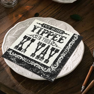 Serviettes de cocktail écologiques 3 plis imprimées noir et blanc style vintage avec citation « Yippee Ki Yay », <span class=keywords><strong>en</strong></span> sac <span class=keywords><strong>en</strong></span> <span class=keywords><strong>papier</strong></span> jetable pour fêtes - Product Image 4