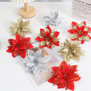 Fashionable <b>Artificial</b> Velvet Poinsettia Glitter Christmas <b>Tree</b> Wreath Arranging Home Holiday Decorations Red Christmas Flower - Product Image 1