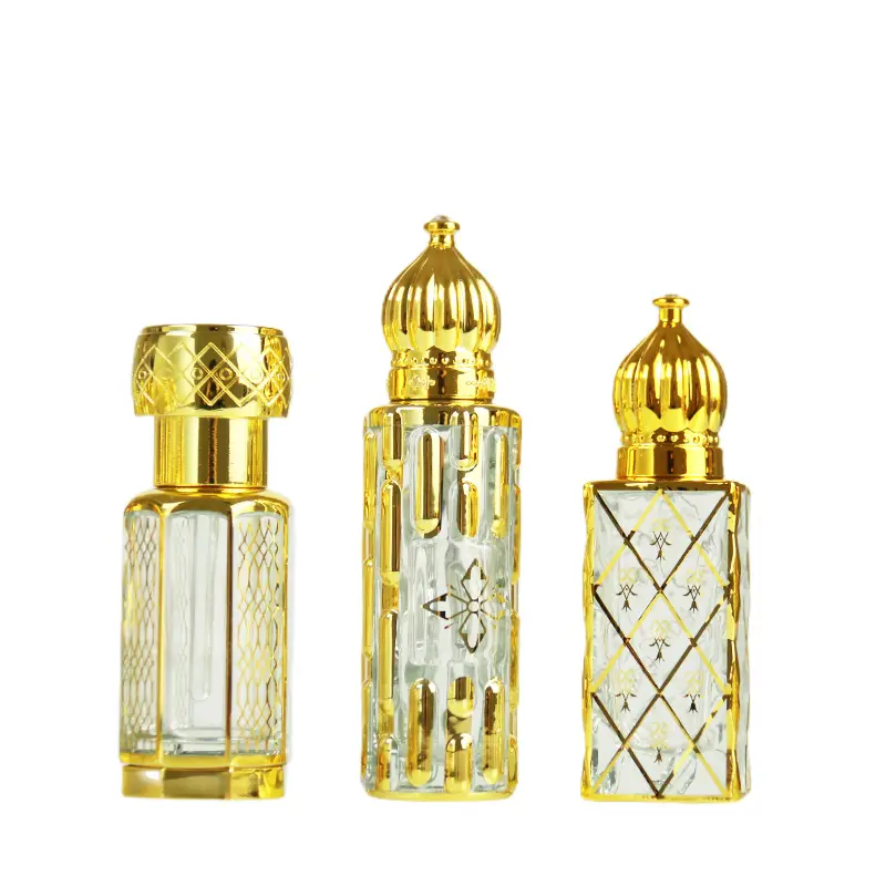 Mini bouteille de parfum en verre fantaisie dubaï 3ml 6ml 12ml vide bouteille de parfum octogonale d'or avec bouchons en or