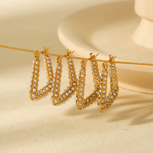 Pendientes Geométricos Trapezoidales Chapados en Oro de 18k con Diamantes, Pendientes de Acero Inoxidable para Uso Diario de Mujer TE6589 - Product Image 3