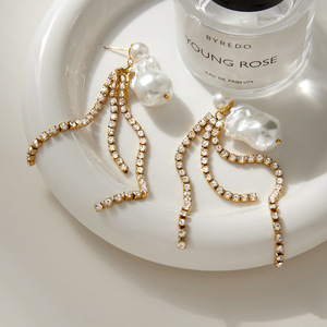 Minimalist Long Huggie Tennis Earrings Crystal Rhinestone Baroque Pearl Earrings <strong>Stainless</strong> <strong>Steel</strong> Earrings for Women - Product Image 5