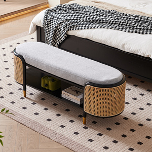 Light Luxury Modern Fabric <strong>Rattan</strong> Bed with Wooden Solid Legs <strong>Storage</strong> Stool for Home Use for Bedroom Living Room Lounge <strong>Bench</strong> - Product Image 4