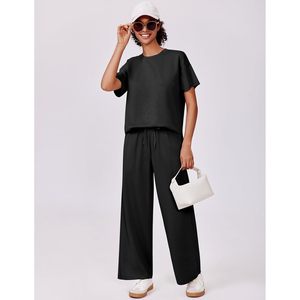 Ensemble 2 pièces pour femmes FOXA, haut à manches courtes, pantalon large, tenue décontractée d'été, ensemble de survêtement en tricot respirant - Product Image 3