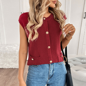 Phụ nữ mùa hè thời trang mới đôi túi áo len Vest Cổ Điển O Neck nút-up nữ áo ghi lê Tops - Product Image 6